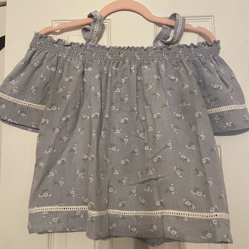 Love Notes kids off-shoulder blouse; blue with white floral design